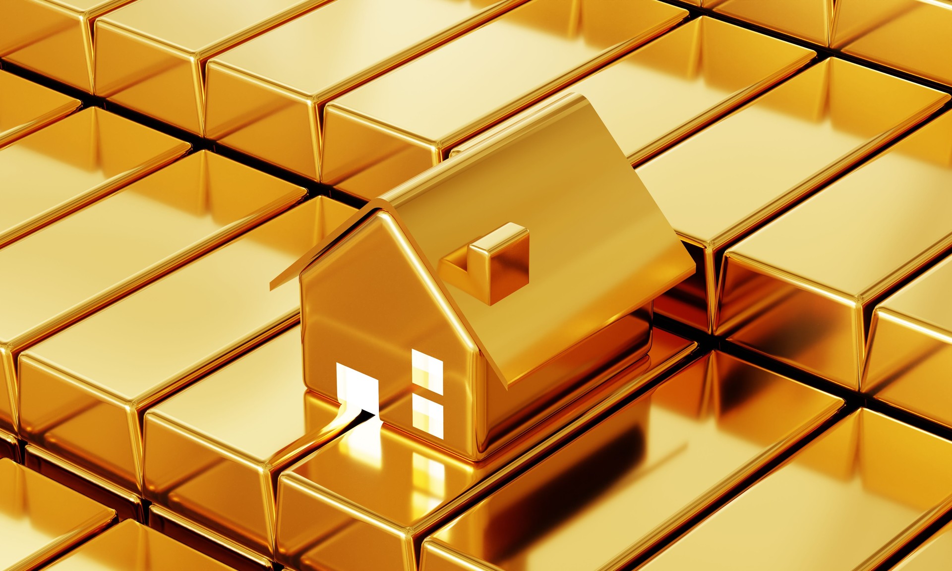 Golden house real estate with plenty of fine gold bars in the safety vault background. Business economic and financial concept. 3D illustration rendering