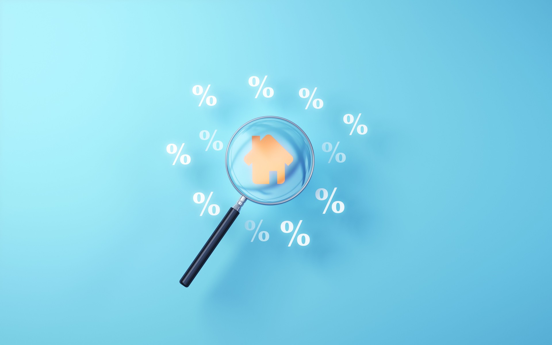 Real Estate icon selected with Percentage Signs and metallic magnifying glass on soft blue background